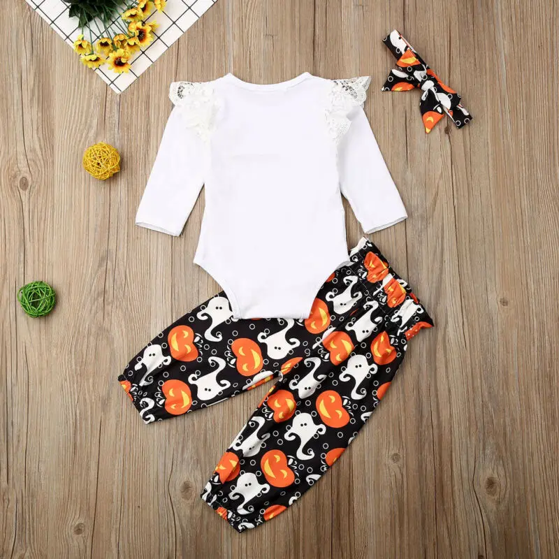 Newborn Baby Girl Boy Halloween Pumpkin Costume Long Sleeve Romper Ghost Pants Headband Outfits