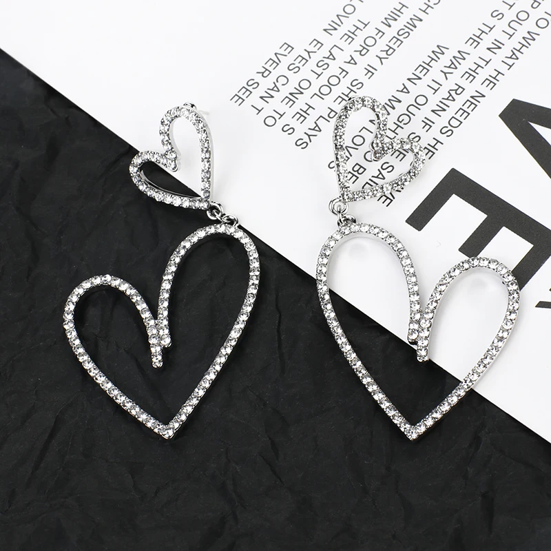 AENSOA корейские серьги в форме сердца с кристаллами, простые дикие стразы, большие полые серьги, ювелирные изделия, длинные серьги