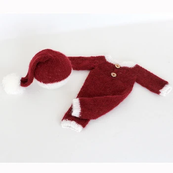 

Vintage Newborn Christmas Outfit Baby Santa Clothes Burgundy Newborn Sleepy Hat Baby Christmas Costume Photography Props