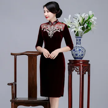 

Elegant Female Evening Party Dress Vintage Beads Flower Qipao Sexy Velvet Cheongsam Velour High Split Winter New Slim Vestidos