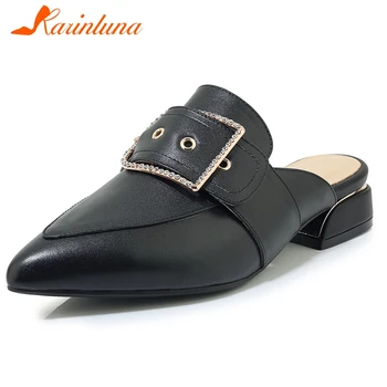 

Karinluna 2020 Hot Sale Genuine Leather Pointed Toe Slip-On Summer Pumps Mules Chunky Heels Comfortable Shoes Women Pumps