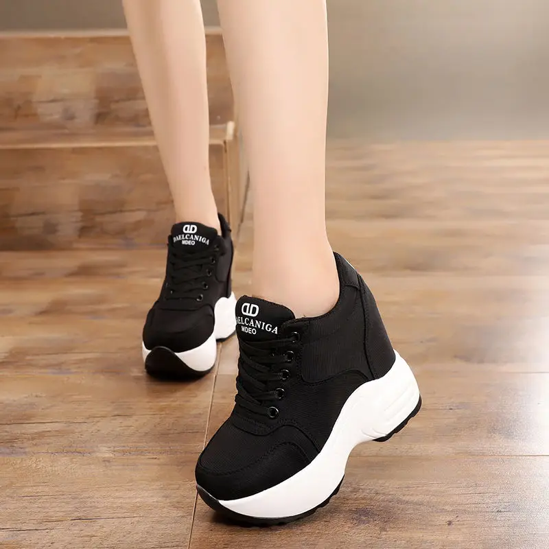 Women Platform Trainers Ankle Boots Autumn Mesh White Sneakers 10CM Heels Wedges Boots Breathable Height Increasing Woman platform boots ankle boots