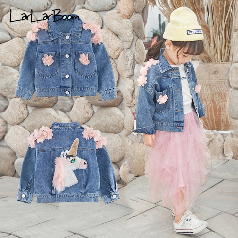 LarLarBoom Denim Jacket for Girls Coats 2019 New Autumn Unicorn Pattern Long Sleeve Baby Outerwear Jean Child | Детская одежда и