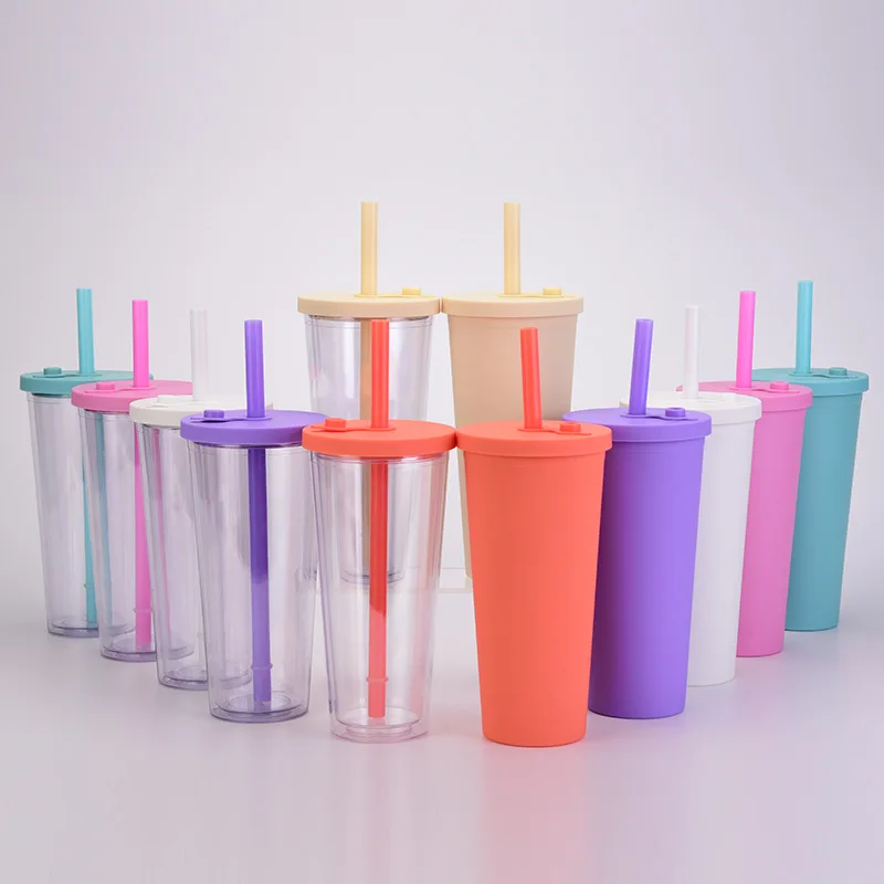 16oz Bubble Tea Straw Tumbler Plastic Boba Cup Double Wall Iced Coffee Cup  Clear Pastel Color Cold Cup For Bridal Party