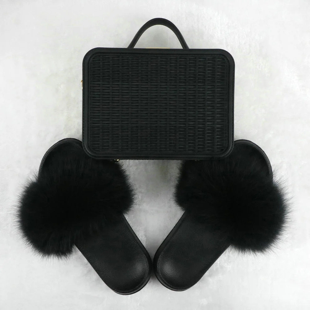 New Fashion Real Fox Fur Slippers for Women Customzed Plush Fur Slides Solid Color Female Hand Bags Sets