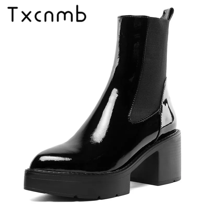 

TXCNMB Boots Women Ankle Boots Autumn Winter Genuine Leather Solid Women Platform Classic Round Toe Basic Shoes Woman