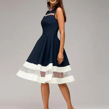 

Vintage Women Dresses O Neck Sleeveless Mesh Stitching Waist Tight Large Swing Ladies Dresses Midi Dress Party Dresses