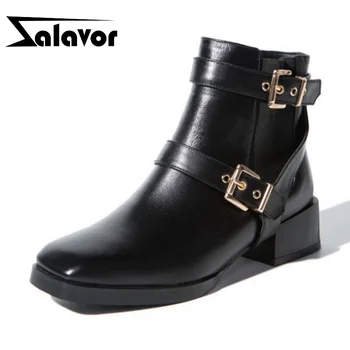 

ZALAVOR Ankle Boots For Women Real Leahter Buckle Slip On Shoes Women Winter Warm Casual Outdoor Female Footwear Size 34-39