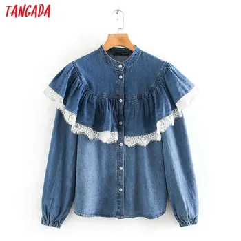 

Tangada women blue denim blouse lace ruffles vintage long sleeve sweet shirts female chic tops 4M192