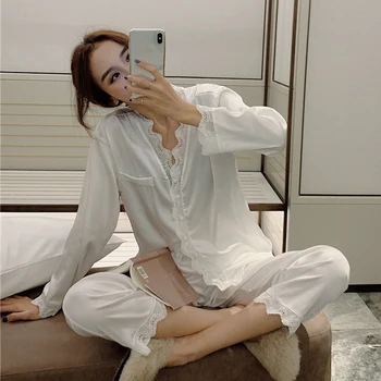 

Korean Elegant Women's 2 Pieces Pajamas Set Solid Lace Patchwork V-neck Long Sleeve Women Sleepwear Sets Spring Autumn Homewear
