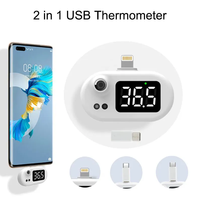 F4 2 en 1 Mini USB Termómetro Teléfono móvil Termómetro infrarrojo digital sin contacto Pantalla LED Compatible con Android Micro Type-C iPhone Converter