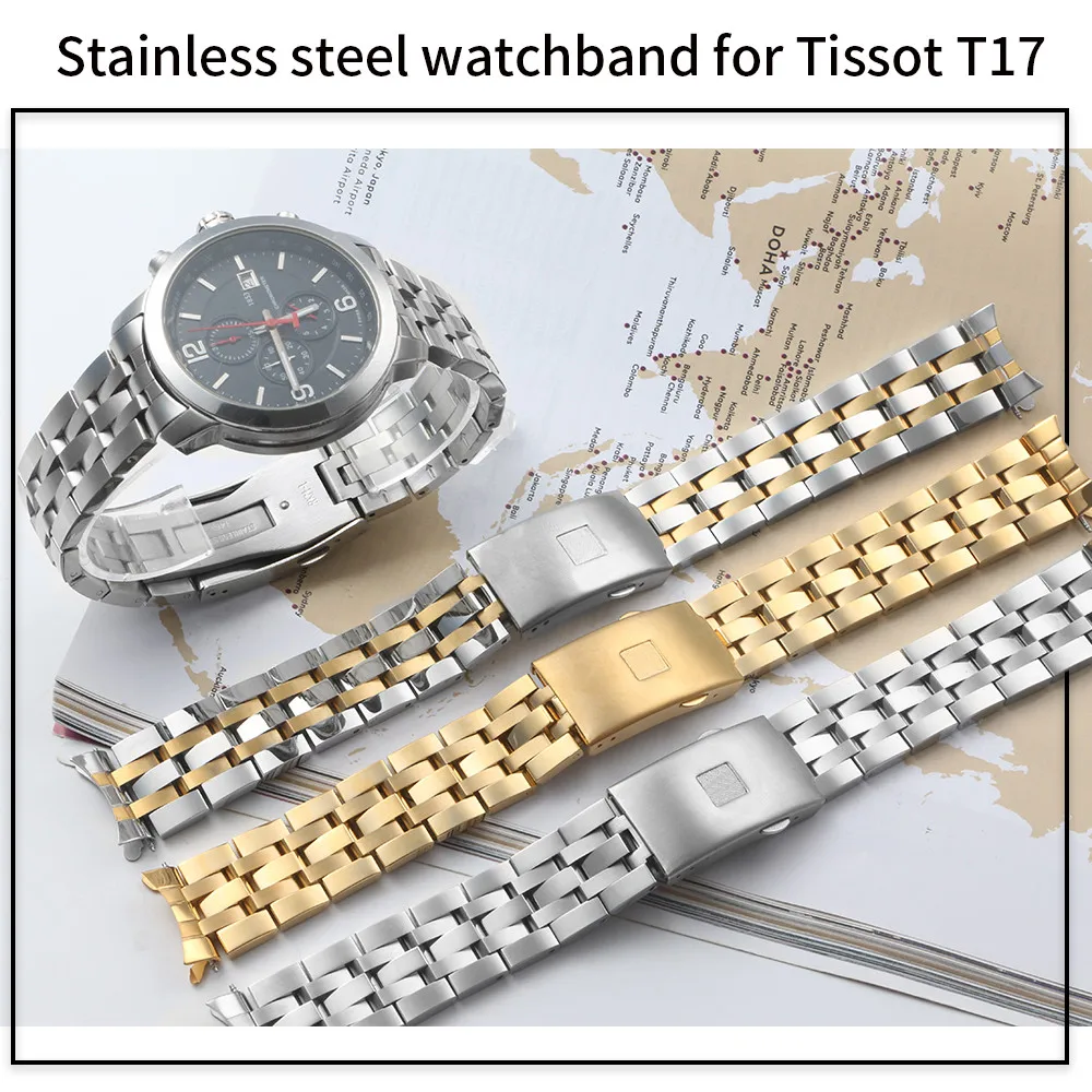 19 мм, 20 мм, нержавеющая сталь, ремешок для часов Tissot 1853 T17 T461 T014430 T014410 PRC200, изогнутый ремешок для часов, серебристо-золотые инструменты