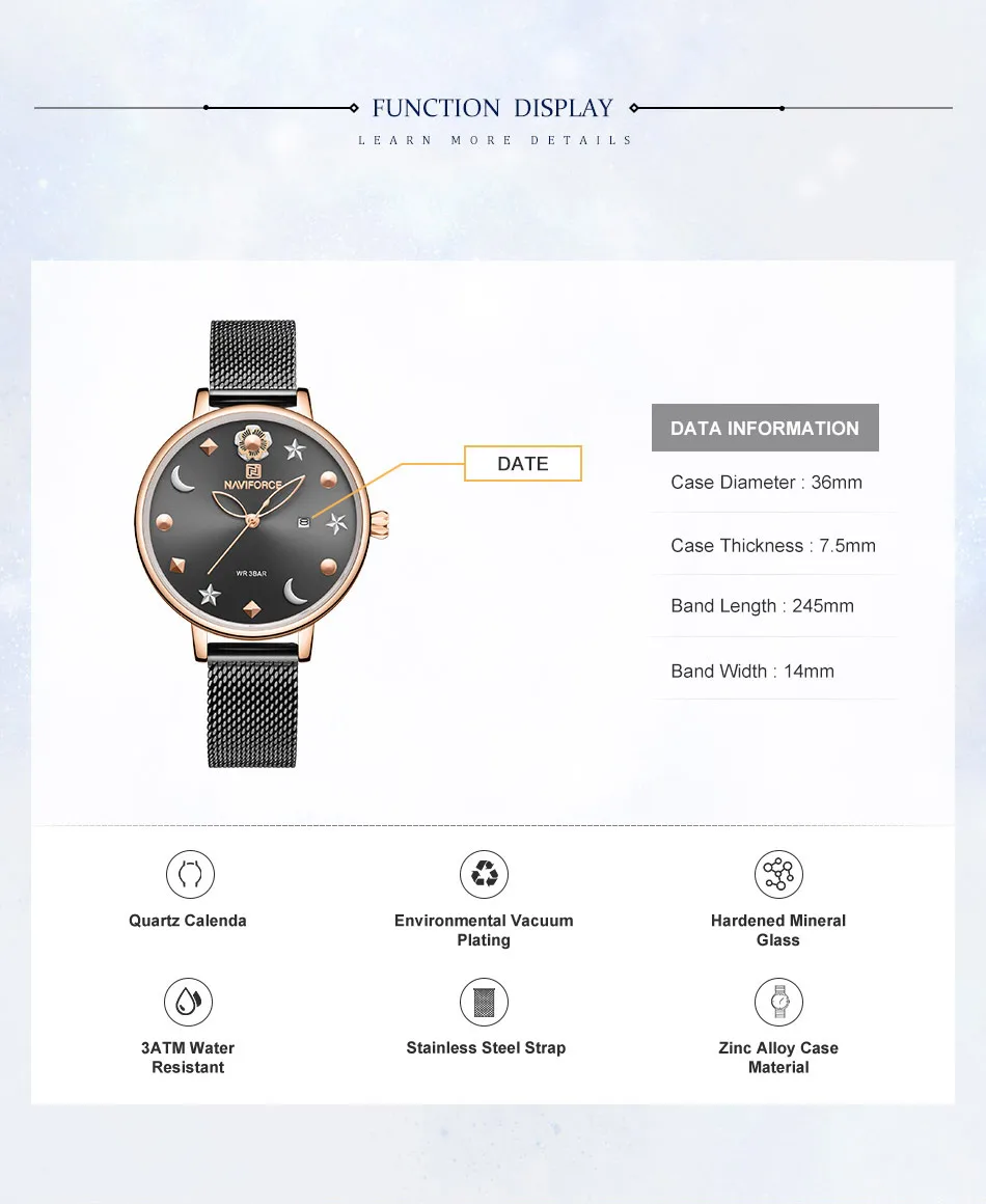 NAVIFORCE, простые модные черные кварцевые часы для женщин, браслет из нержавеющей стали с сеткой, водонепроницаемые повседневные Элегантные женские наручные часы