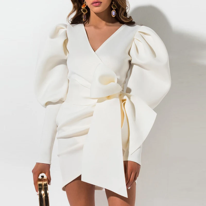 Lipswag/короткое белое платье с пышными рукавами и v-образным вырезом; пикантные вечерние платья для клуба; винтажное платье с асимметричным подолом; сезон осень-зима; элегантные женские платья с поясом