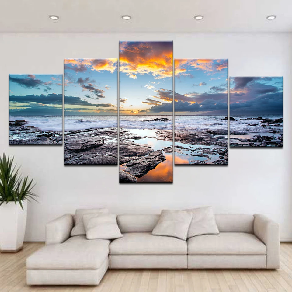 

No Framed 5 Pcs Blue Sky Seaside Sunrise Sea Reef Posters Canvas Wall Art Pictures Accessories Home Decor Living Room Paintings
