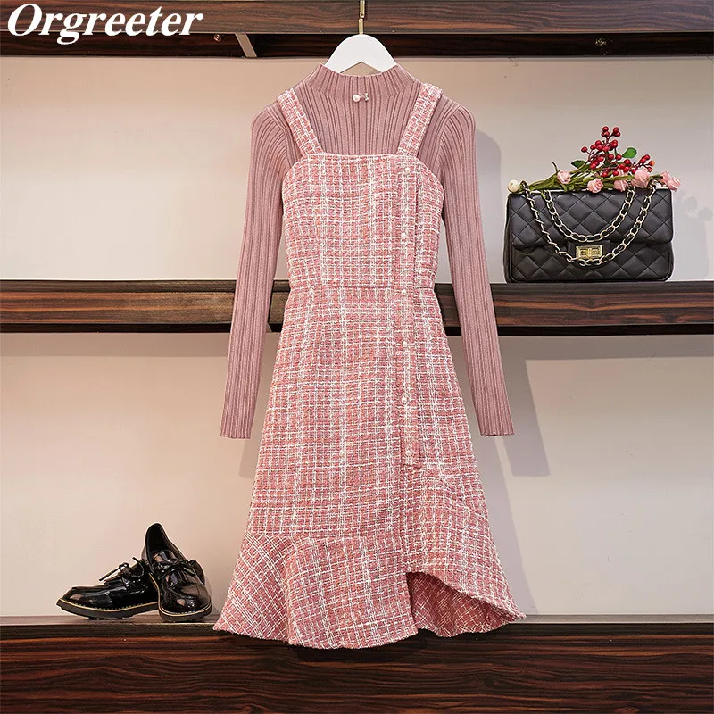 

New Mermaid Tweed Dress Set Women's Suit Fashion Solid Pink/Black Knit Pullover Tops and Beaded Sling Dress 2 piece Set