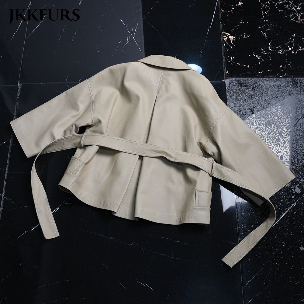 Женская новая Натуральная Овчина кожаная куртка с поясом модная дамская кожаная куртка короткий роскошный стиль S9031
