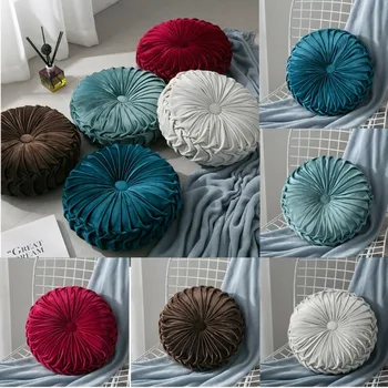 

Velvet Pleated Round Pumpkin 35CM Pillow Couch Chair Floor Cushion Decor Home Car Sofa Pillow Waist Rest Cushion (With core)