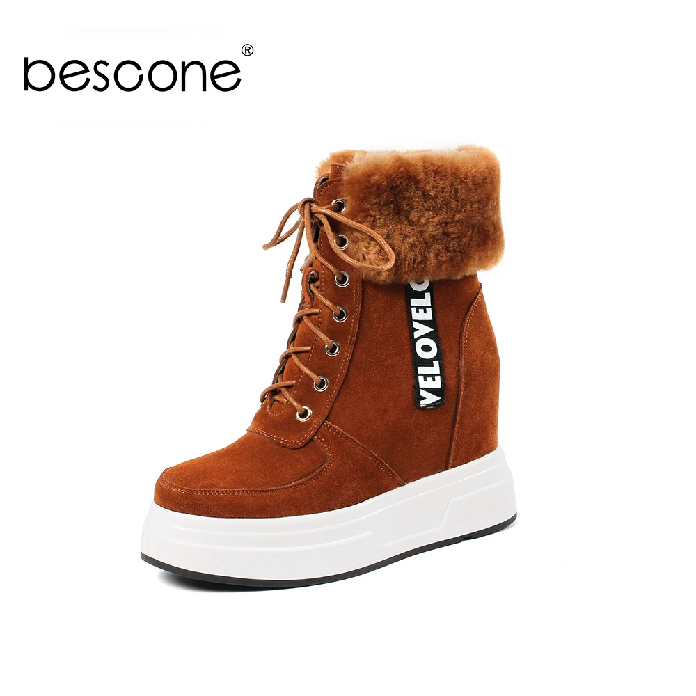 

BESCONE Fashion Round Toe Ladies Boots Casual Handmade Lace-Up Flat With Shoes New Basic 10 cm Super High Heel Women Boots BO277
