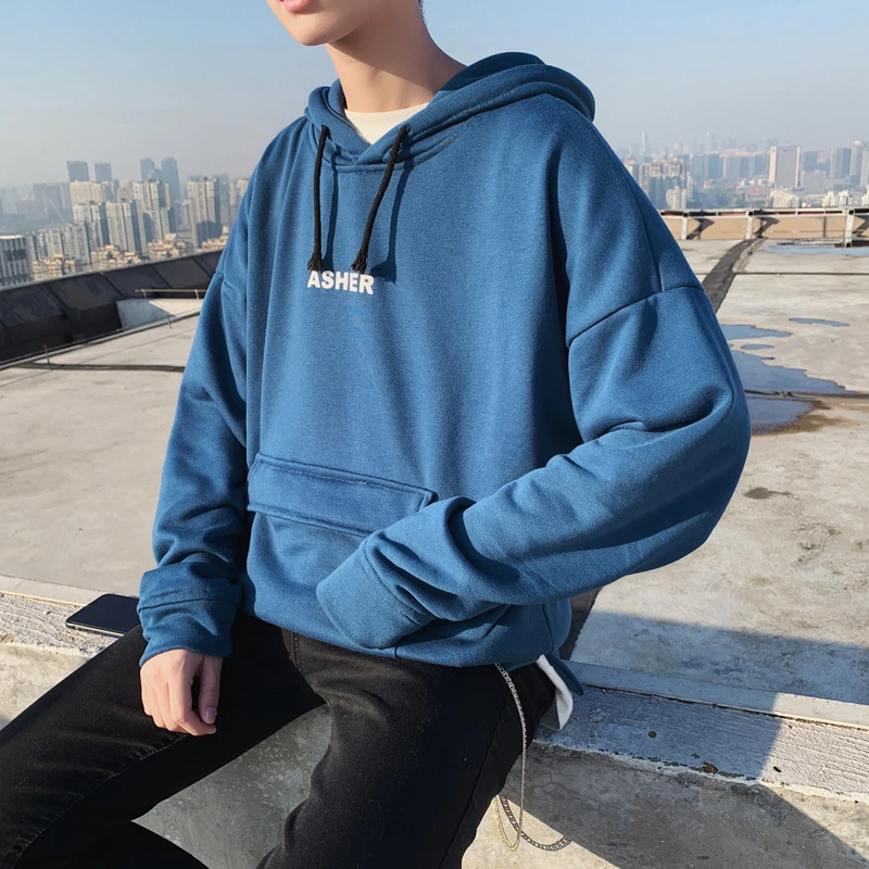 

2019 Spring Men's New Casual Solid Color Letter Printing Long-sleeved Hooded Hoodies Loose Temperament Trend Cotton