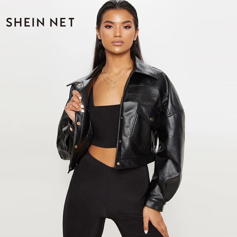 

Customizable Simple INS-Style Street College Style Patch Pocket Decoration Fold-down Collar Pu Short Jacket