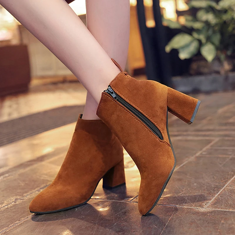 

New Fashion Spring Women Martin Boots Zip Casual Flock Boots Pointed Toe High Square Heel Warm Women Ankle Boots Size 35 45