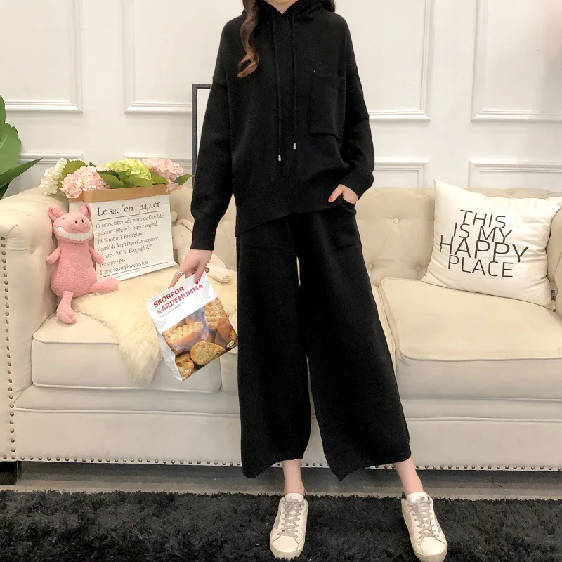 

Black Plus Size Knitted Sweaters 2 Pieces Sets Women Tracksuit Outfits Hoodies Top Pants Suit Winter Fall Warm Knit Clothing