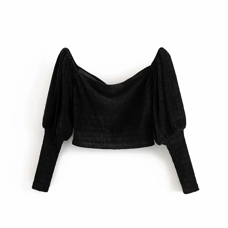 Женские Стильные черные короткие бархатные блузки с длинным рукавом сексуальный v-образный вырез шикарный укороченный топ винтажные женские блузки повседневные рубашки Blusas