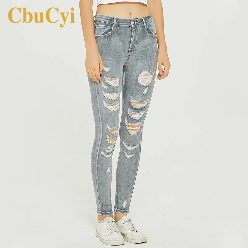 

Women Grey High Waist Jeans Plus Size Stretch Skinny Sexy Ripped Jeans for Women Clothing Hole Vintage Cotton Denim Pencil Pants