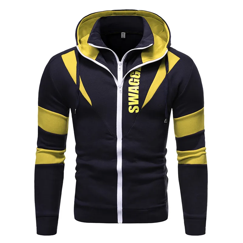 Navy-Yellow NEGIZBER, осенние и зимние новые мужские толстовки, модные, сочетающиеся цвета, двойная молния, тонкая мужская толстовка с капюшоном - Цвет: Navy-Yellow