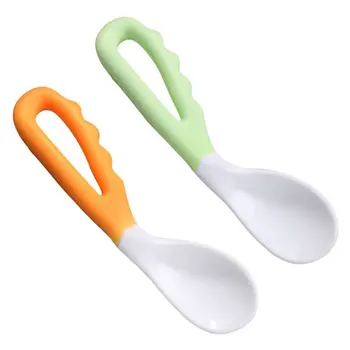 

2pc /lot Baby Food Tableware bend Spoon Fork Set Baby Food Supplement Silicone Self Feeding Training Spoons