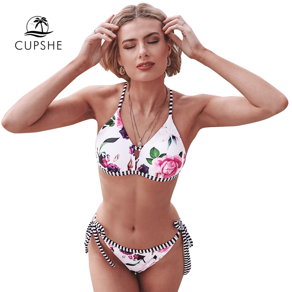 CUPSHE, цветочный и полосатый комплект бикини на бретельках, сексуальный купальник на шнуровке, два предмета, купальник для женщин,, пляжный купальный костюм