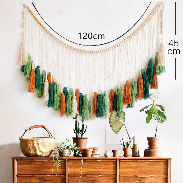 Large Tapestry with Wooden Beads Chain Boho Wall Decor Pastoral Curtain Macrame Sofa Background Tapestry for Livingroom