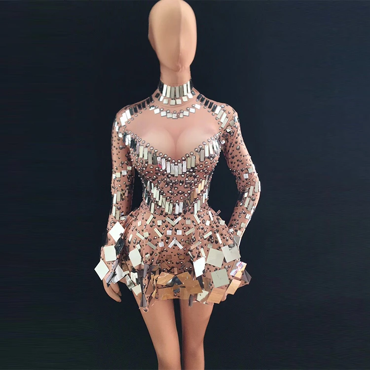 

Sequins Rhinestone Party Dress Sexy Nightclub Crystals Stage Costumes Women Dj Singer Prom Performance Dress