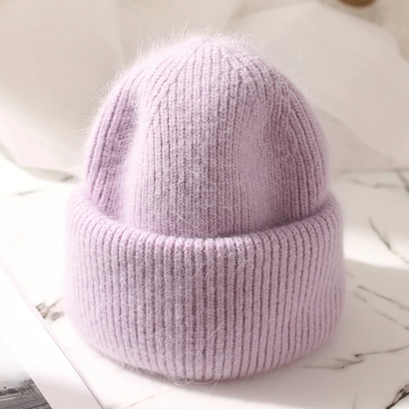 Winter Real Rabbit Fur Knitted Beanies For Women Fashion Solid Warm Cashmere Wool Skullies Beanies Female Three Fold Thick Hats