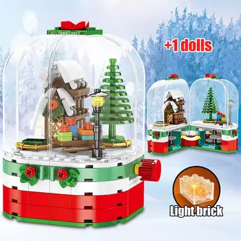 

Merry Christmas Theme Santa Claus Building Blocks DIY Xmas Rotating LED Glowing Hut Bricks Gift Toys for Children