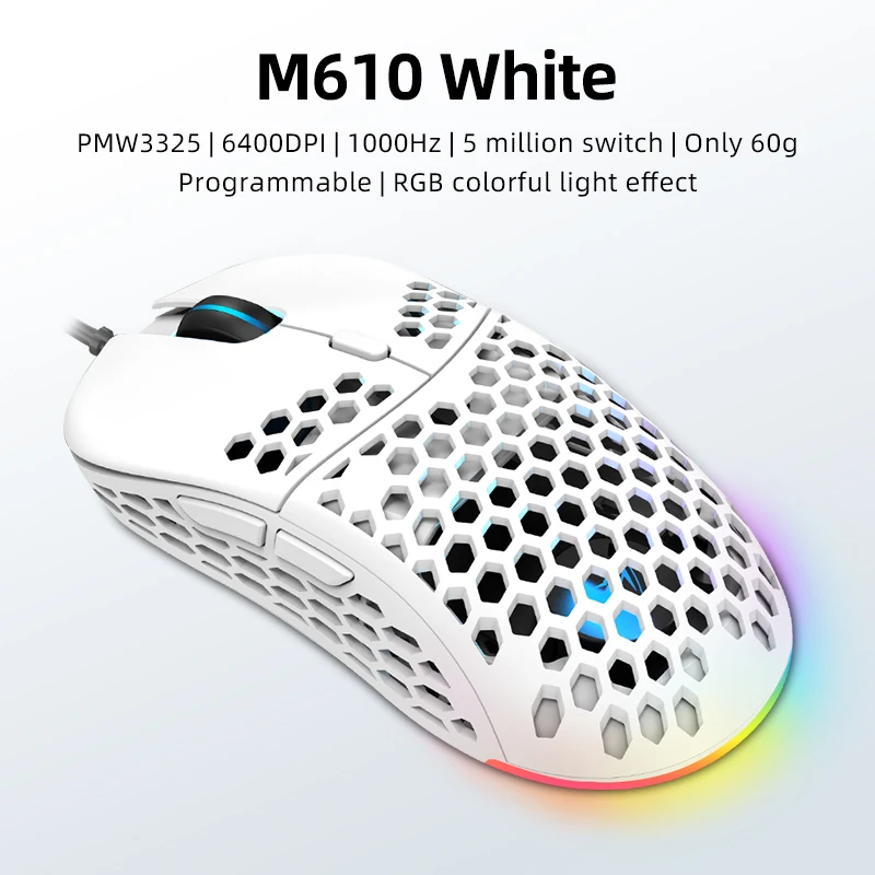 Machenike Gaming Mouse PMW3325 Optical Sensor 60g Light Wired Mice 6400DPI Adjustable Programmable RGB For PC Laptop USB Cable usb wireless mouse Mice