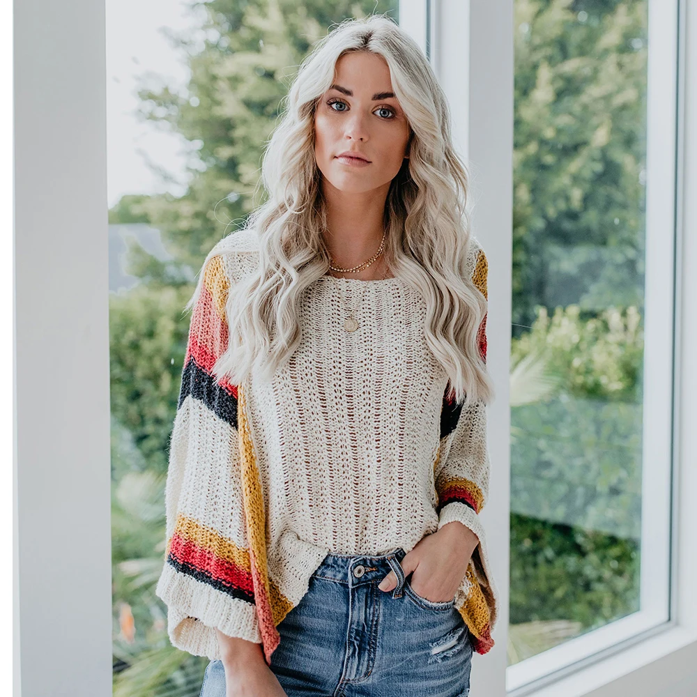 

Fashion Women Striped Sweater Winter Autumn Round Neck Long Flare Sleeve Loose Jumpers Tops Casual Sweetwear Pullover Sweaters