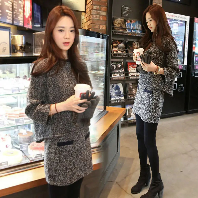 

Autumn And Winter New Style WOMEN'S Dress Slimming Two-Piece Set Skirt Woolen Dress Long Sleeve Sheath Short Skirt