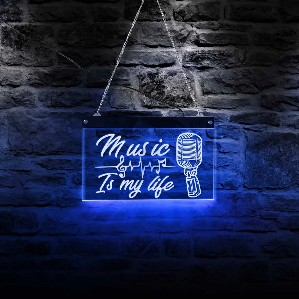 

Music Is My Life Rectangle Acrylic NEON Wall Lighted Board Microphone Icon Electronic Display Art Music Studio Illuminated Decor