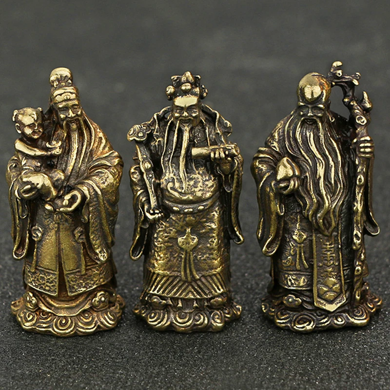 Collection Archaize Brass Fu Lu Shou Life Wealth Buddha Statue Small Curio Chinese Bronze Taoism 3 Longevity God Home Decoration