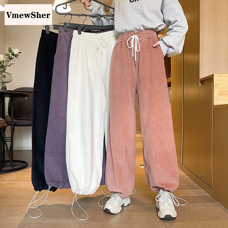 

VmewSher New Spring Autumn Corduroy Women Jogger Pants Solid Elastic High Waist Ankle Length Long Casual Wide Leg Loose Trousers