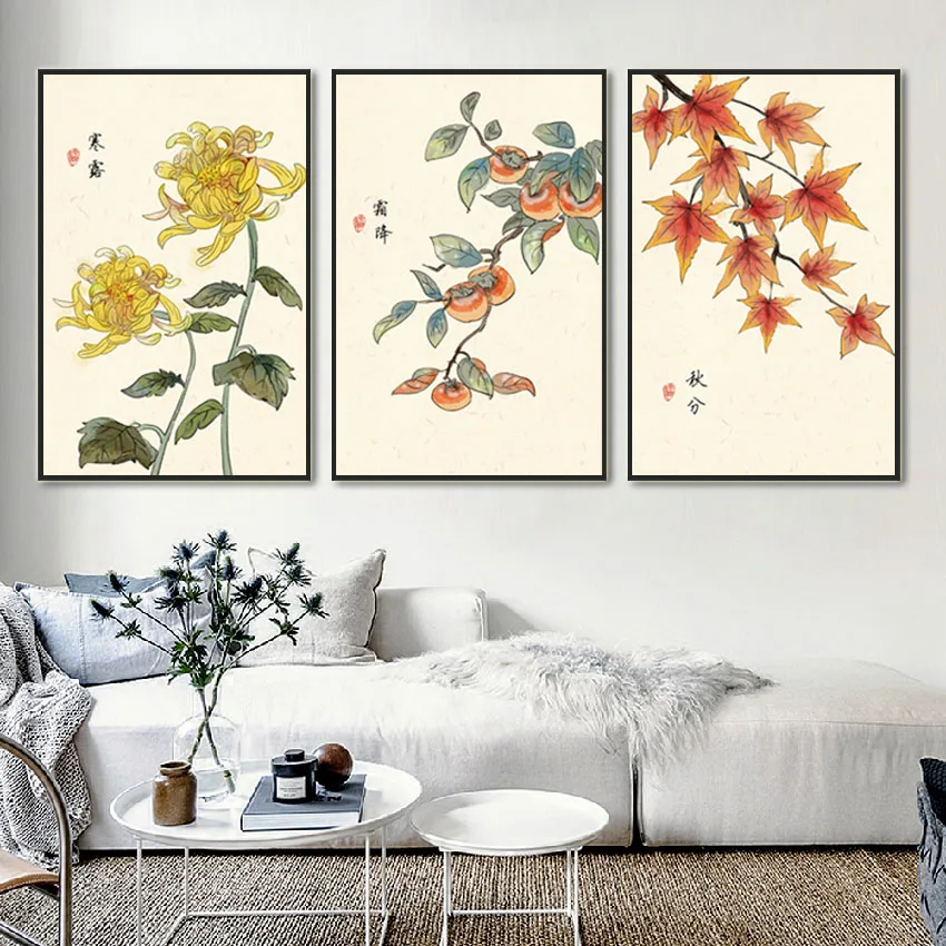 

Traditional Chinese Style Plants Canvas Paintings Wall Art Chrysanthemum Persimmon Red Maple Leaf Home Decor for Bedroom