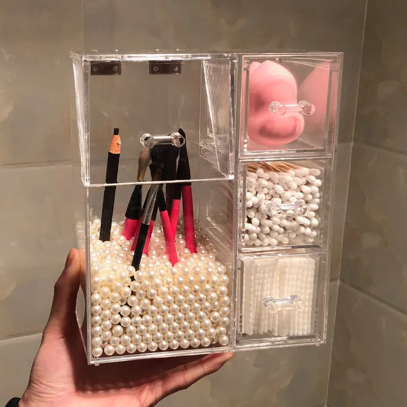 

Dustproof Acrylic Makeup Organizer with 3 Drawers for Cotton Pads/Nail Polish/Blender Makeup Brush Holder Cosmetics Storage Box