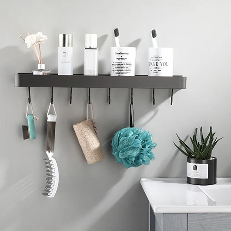 ULA Black Bathroom Shelf 30/40/50/60 cm Kitchen Wall Shelf Shower Holder  Storage Rack Towel Bar Robe Hooks Bathroom Accessories