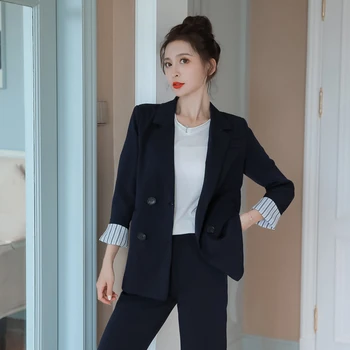 

Spring Office Lady Sets Women Two Piece Outfits New Double Breasted Black Blazers Coat + High Waist Long Pants Suits 2 Piece Set