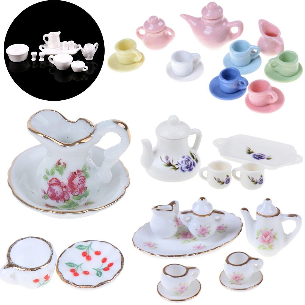 

1:12 Miniature doll house pink Flower Patten Porcelain Coffee Tea Cups Ceramic Tableware Dollhouse Kitchen Accessories