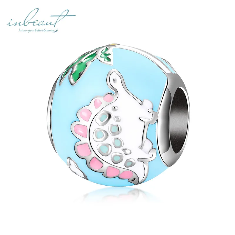 S925 серебро fit Pandora браслет синий круглый динозавр бусины 925 эмаль милый маленький зверь дерево подвески в виде листьев для цепочки