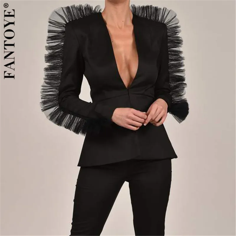 FANTOYE New Fashion Lace Ruffle Two Piece Set Women V Neck Jacket Suits 2 Piece Women's Set 2019 Autumn Elegant Celebrity Suit