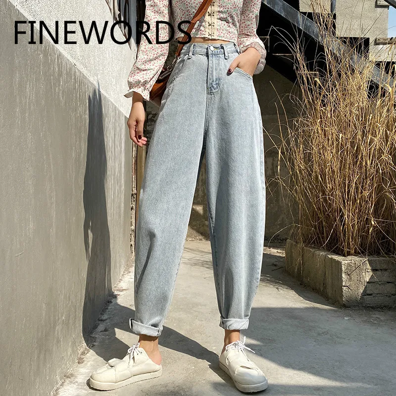 

FINEWORDS Vintage Washed Harem High Waist Jeans Boyfriend Korean Loose Plus Size Mom Jeans Casual Harajuku Blue Spodnie Damskie